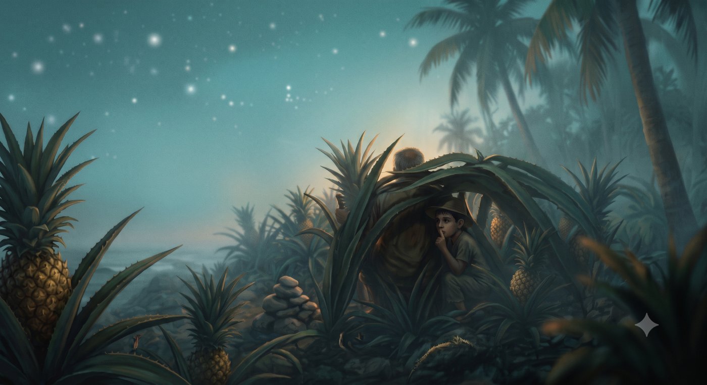 A grandfather and grandson hiding among the pineapple plants at night on Kanjinahud, the boy signaling quiet